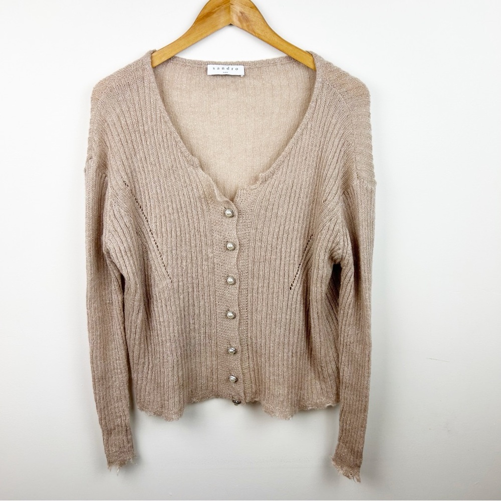 Sandro Paris Ribbed Metallic Cardigan Sweater Pearl Buttons Distressed Hem Tan